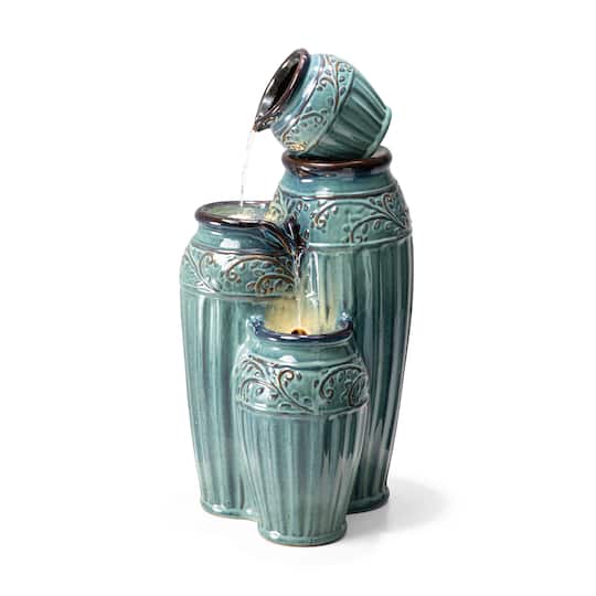 Glitzhome 27.25"H 3-Tier Turquoise Pattern Ceramic Pots Fountain, Pump and Light